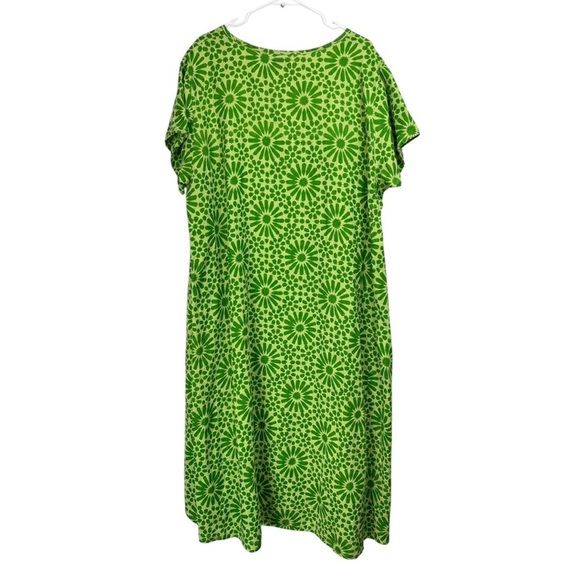 Flax Size 2G 100% Linen Stretched Top Midi Dress Green Mod Print Asymmetrical - Picture 2 of 9